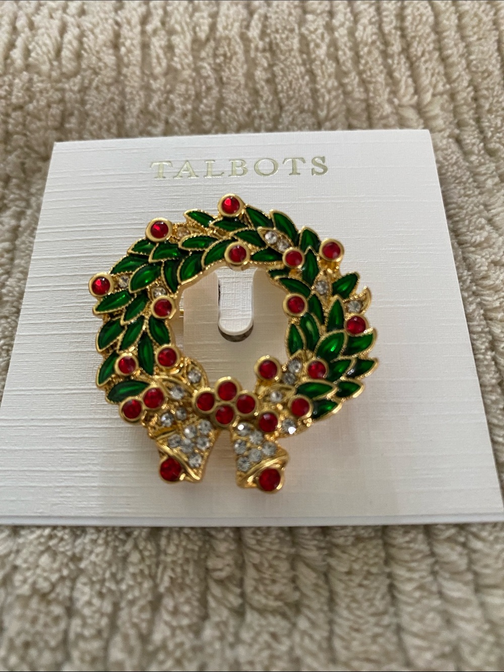 Talbots Gold Tone Wreath Brooch with Green Enamel and Red Accents